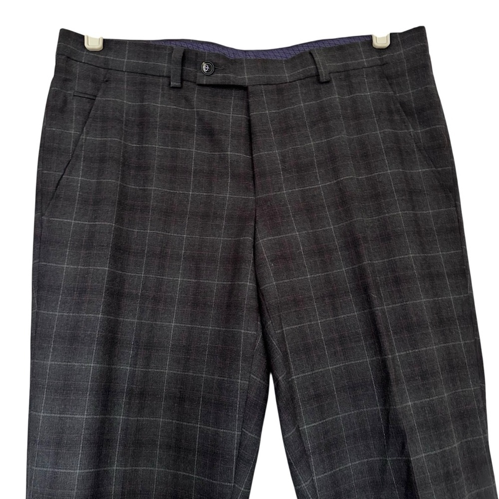 TED BAKER London Wool Plaid Trousers 33R Union Made Canada Grey Windowpane - Picture 3 of 11